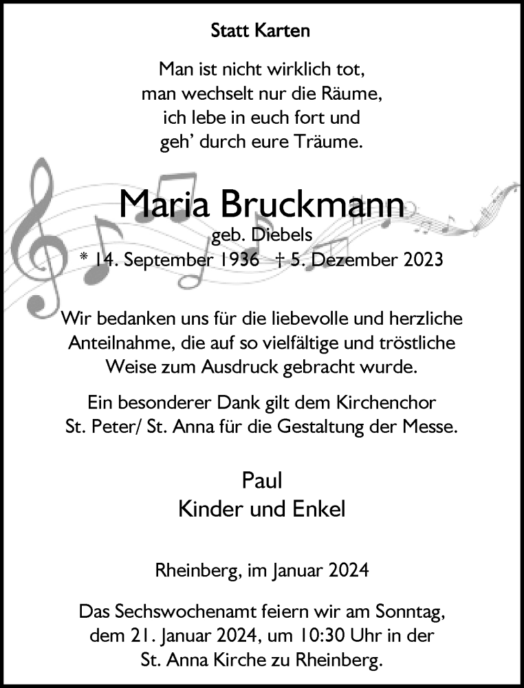  Traueranzeige für Maria Bruckmann vom 13.01.2024 aus Rheinische Post