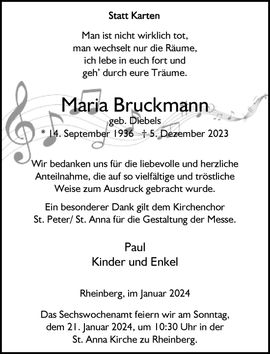 Traueranzeige von Maria Bruckmann von Rheinische Post