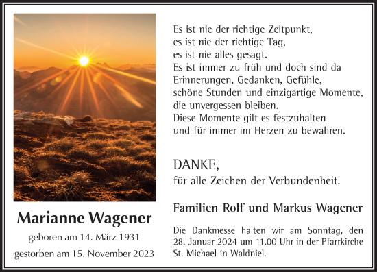 Traueranzeige von Marianne Wagener von Rheinische Post