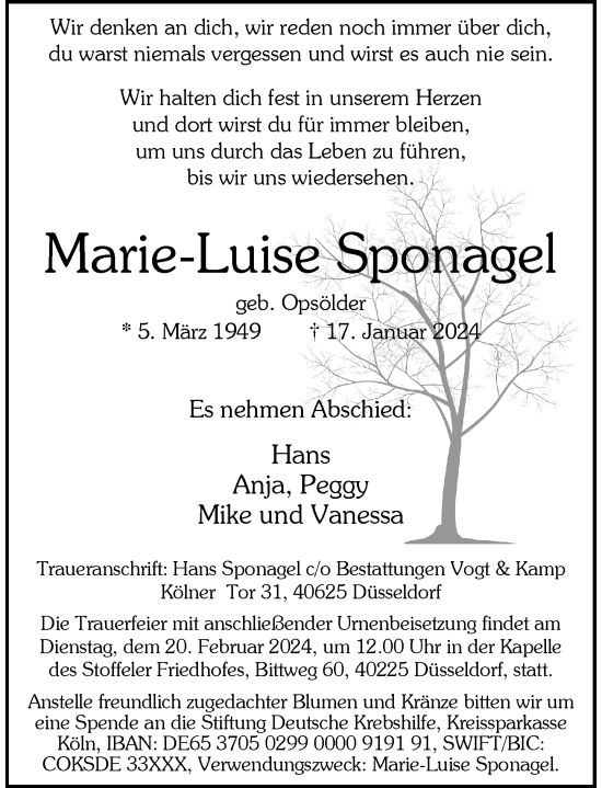 Traueranzeige von Marie-Luise Sponagel von Rheinische Post