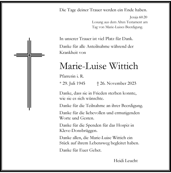 Traueranzeige von Marie-Luise Wittich von Rheinische Post