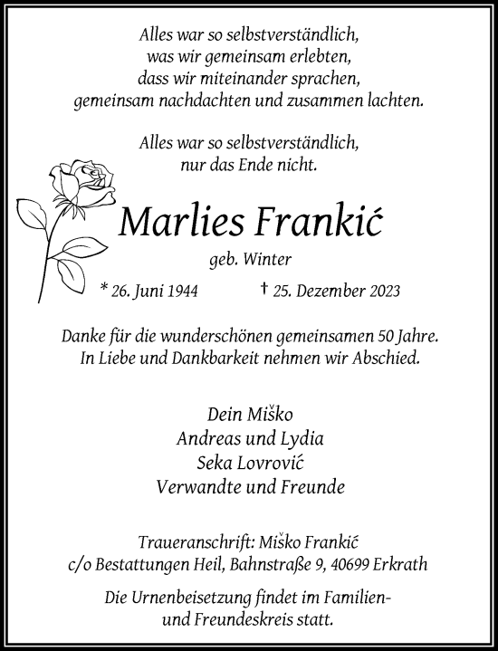 Traueranzeige von Marlies Frankic von Rheinische Post