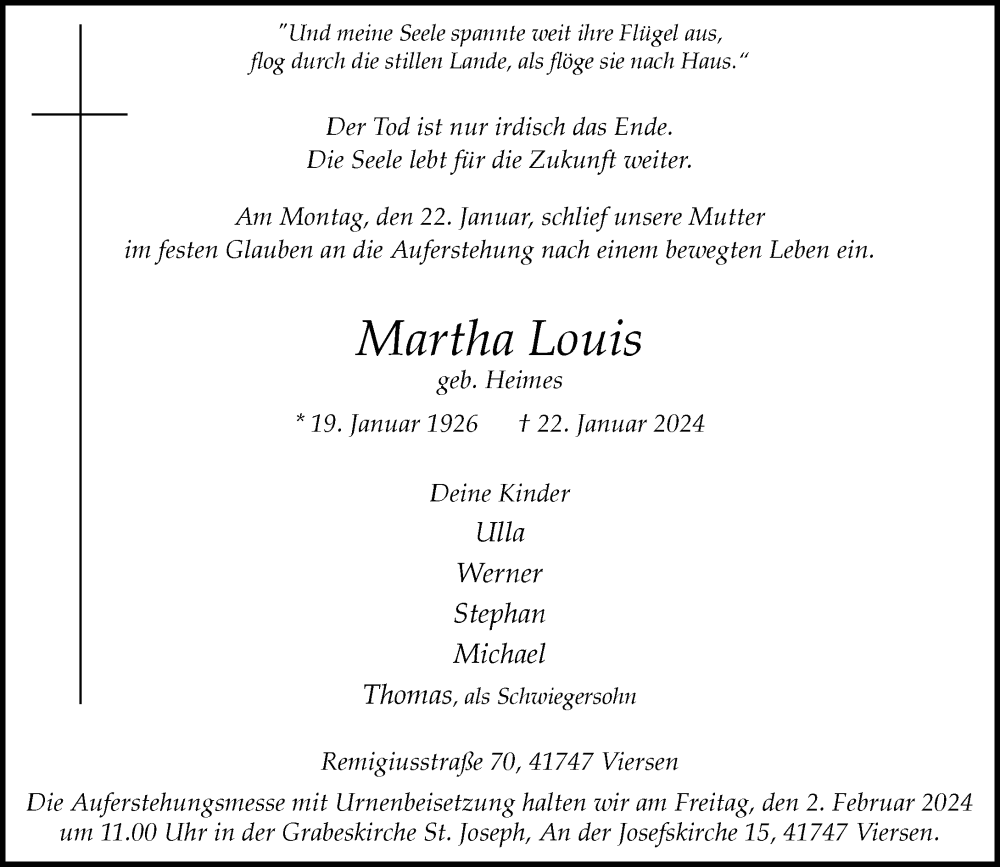  Traueranzeige für Martha Louis vom 27.01.2024 aus Rheinische Post