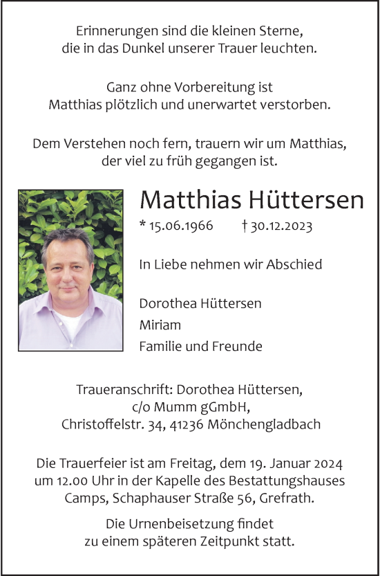 Traueranzeige von Matthias Hüttersen von Rheinische Post