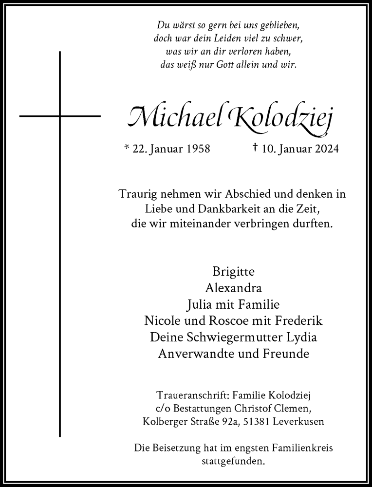  Traueranzeige für Michael Kolodziej vom 27.01.2024 aus Rheinische Post