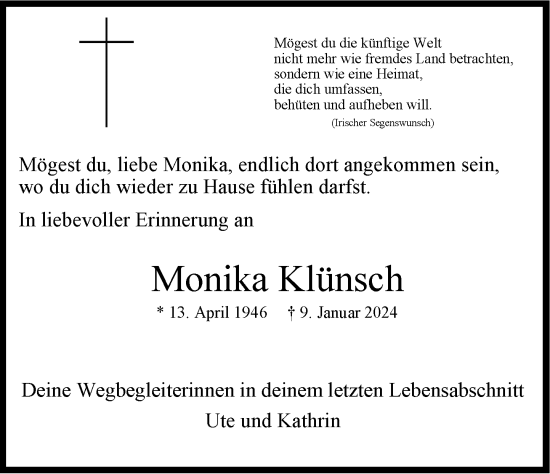 Traueranzeige von Monika Klünsch von Rheinische Post