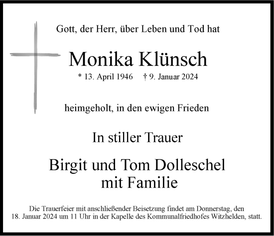 Traueranzeige von Monika Klünsch von Rheinische Post