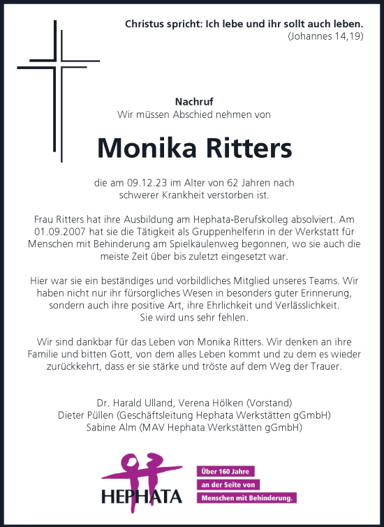 Traueranzeige von Monika Ritters von Rheinische Post