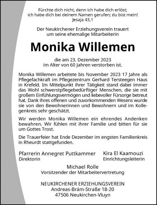 Traueranzeige von Monika Willemen von Rheinische Post