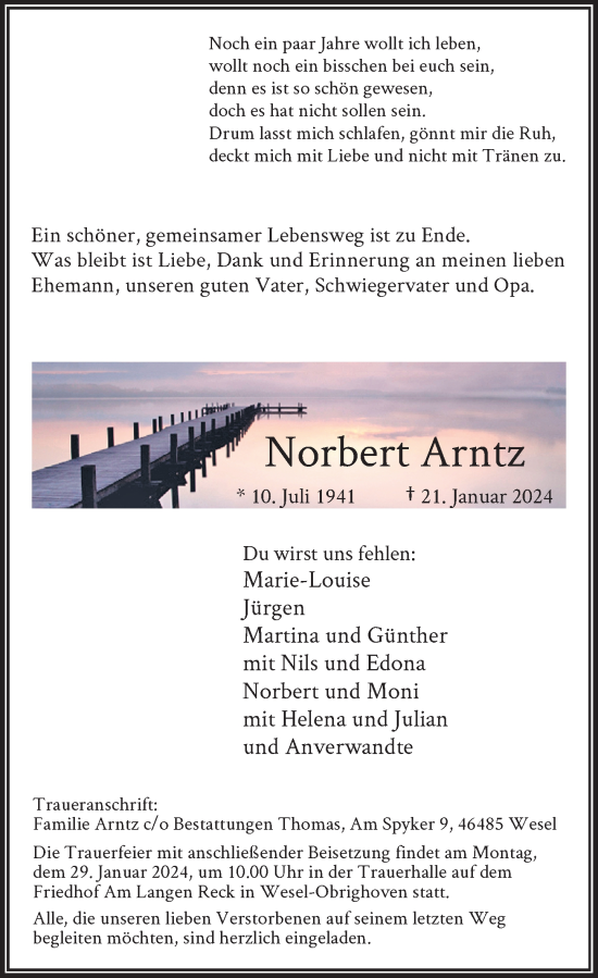 Traueranzeige von Norbert Arntz von Rheinische Post