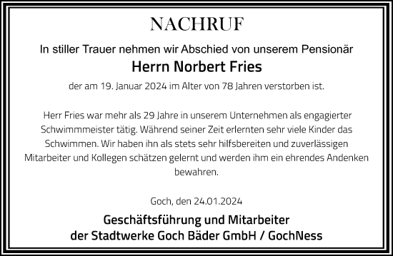 Traueranzeige von Norbert Fries von Rheinische Post