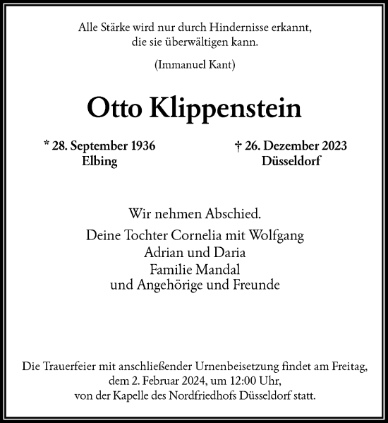Traueranzeige von Otto Klippenstein von Rheinische Post