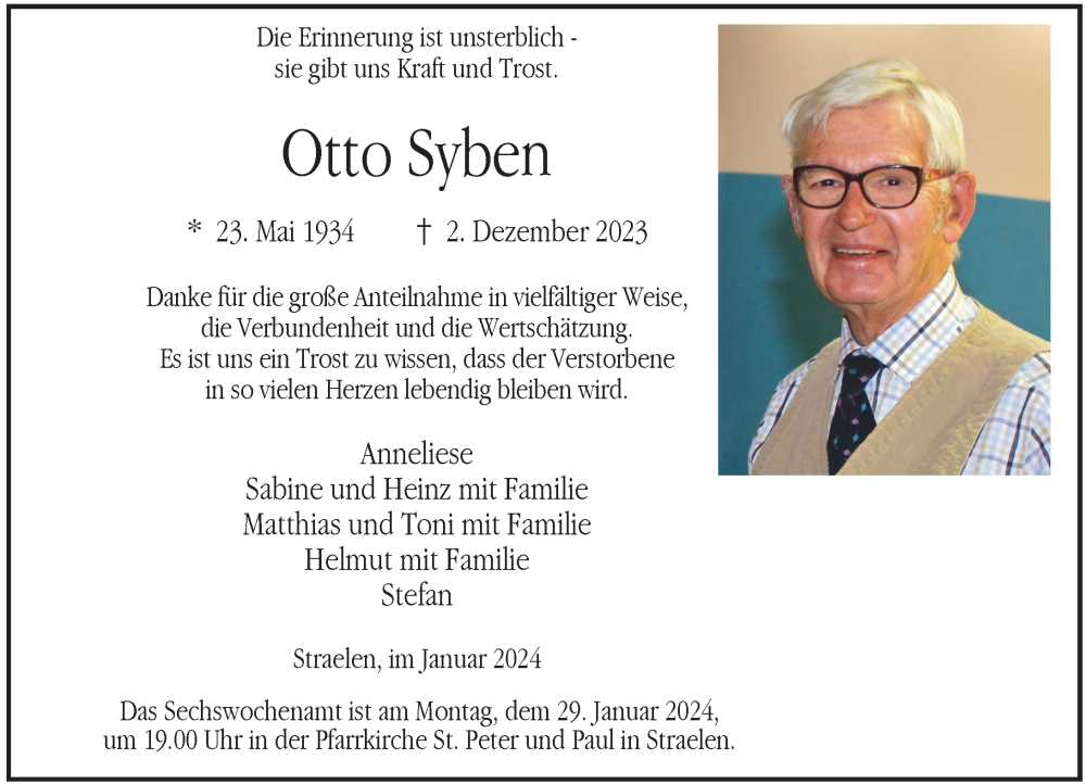  Traueranzeige für Otto Syben vom 20.01.2024 aus Rheinische Post