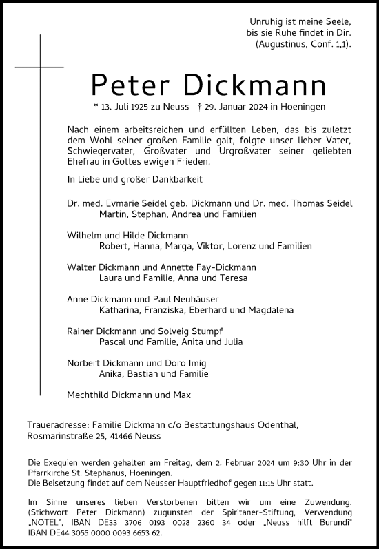 Traueranzeige von Peter Dickmann von Rheinische Post