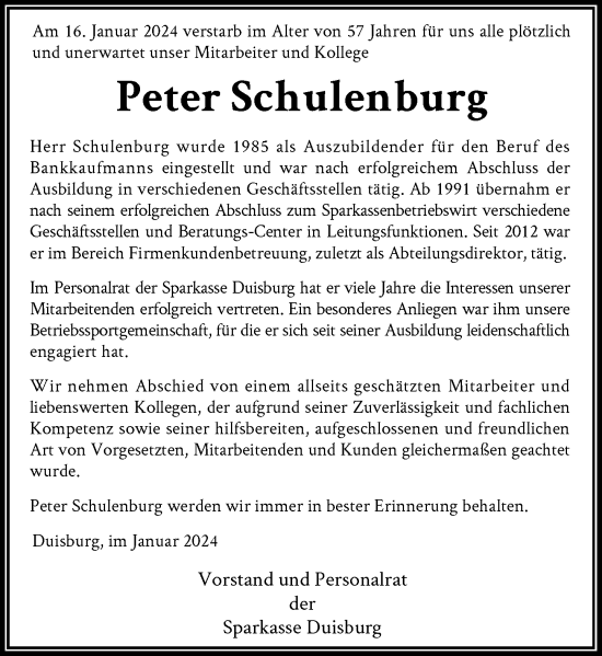 Traueranzeige von Peter Schulenburg von Rheinische Post