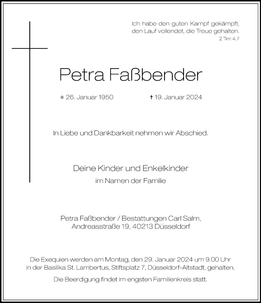  Traueranzeige für Petra Faßbender vom 24.01.2024 aus Rheinische Post