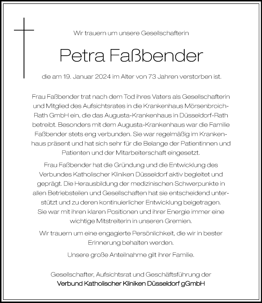  Traueranzeige für Petra Faßbender vom 24.01.2024 aus Rheinische Post