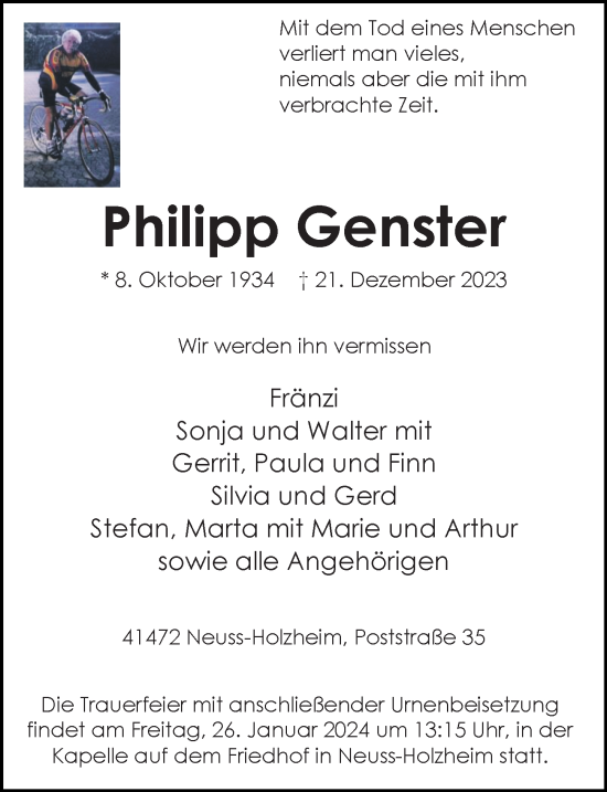 Traueranzeige von Philipp Genster von Rheinische Post