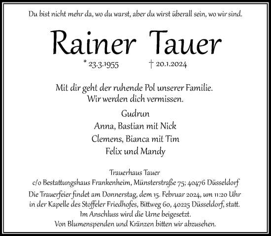 Traueranzeige von Rainer Tauer von Rheinische Post