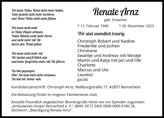 Traueranzeige von Renate Arnz von Rheinische Post