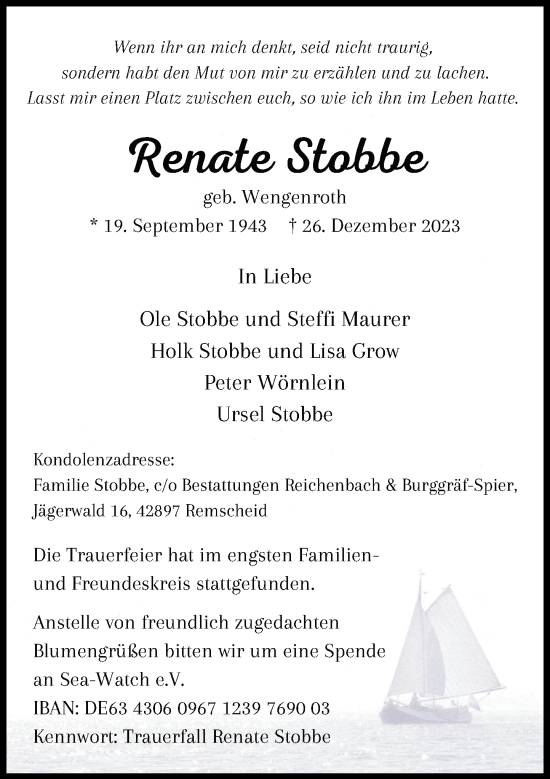 Traueranzeige von Renate Stobbe von Rheinische Post