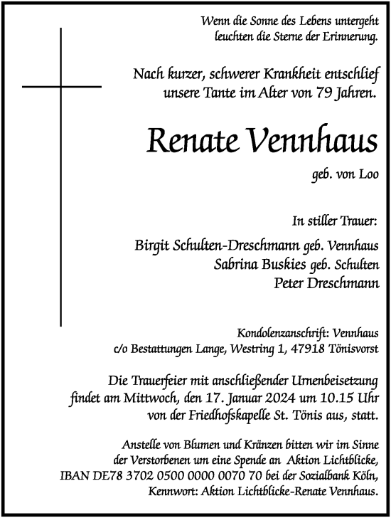 Traueranzeige von Renate Vennhaus von Rheinische Post
