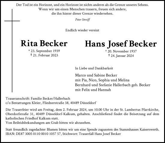 Traueranzeige von Rita und Hans Josef Becker von Rheinische Post