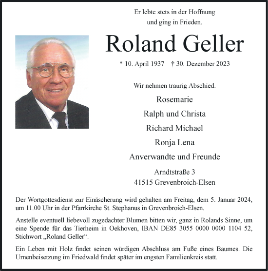 Traueranzeige von Roland Geller von Rheinische Post