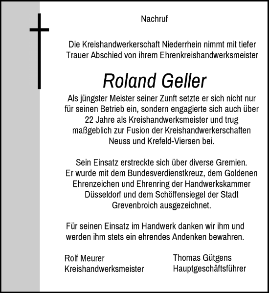 Traueranzeige von Roland Geller von Rheinische Post