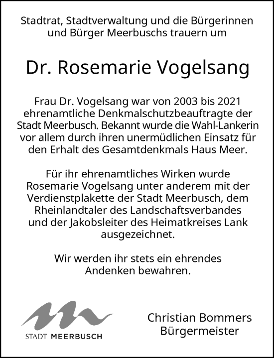 Traueranzeige von Rosemarie Vogelsang von Rheinische Post