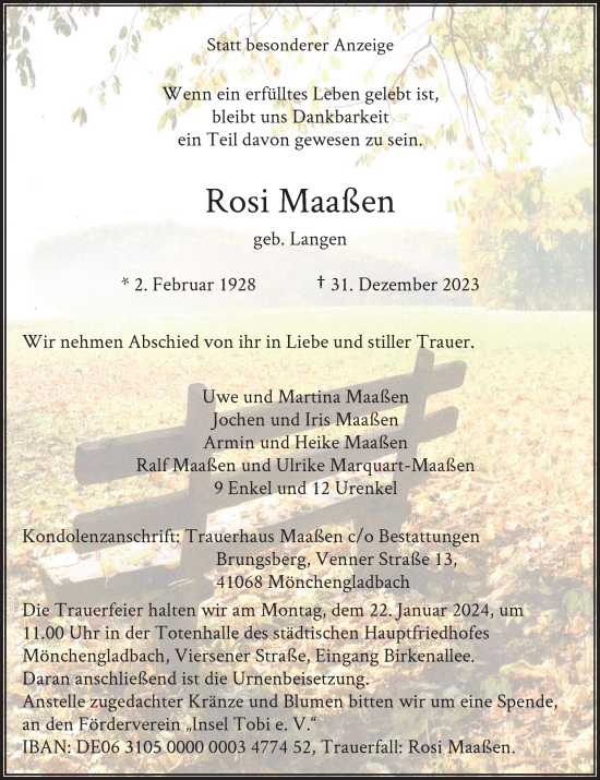 Traueranzeige von Rosi Maaßen von Rheinische Post