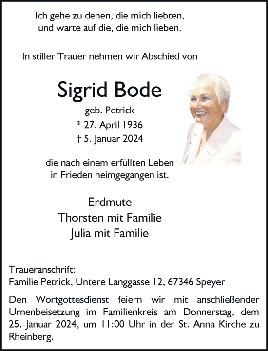 Traueranzeige von Sigrid Bode von Rheinische Post