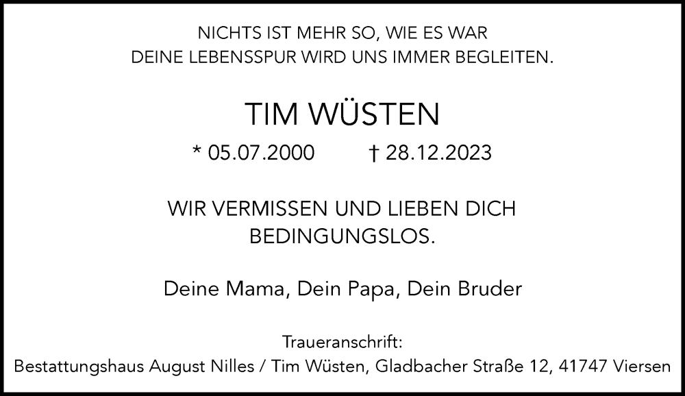  Traueranzeige für Tim Wüsten vom 20.01.2024 aus Rheinische Post