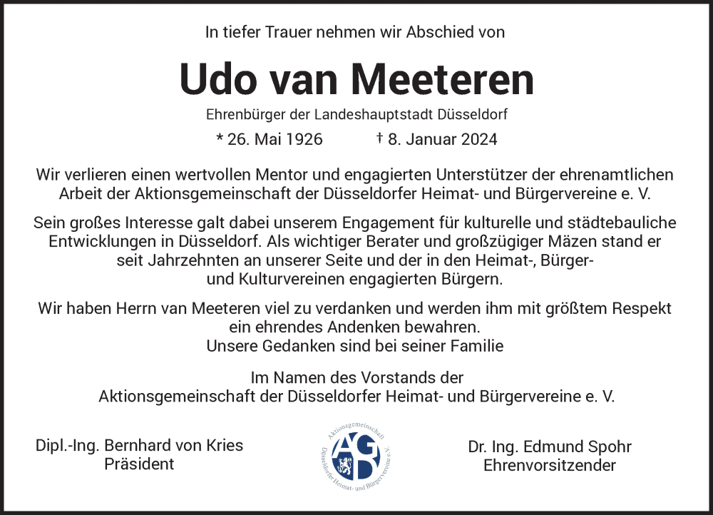  Traueranzeige für Udo van Meeteren vom 13.01.2024 aus Rheinische Post