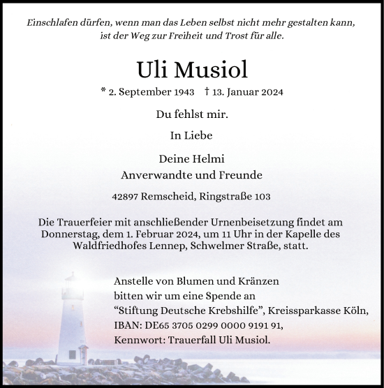 Traueranzeige von Uli Musiol von Rheinische Post
