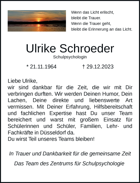 Traueranzeige von Ulrike Schroeder von Rheinische Post