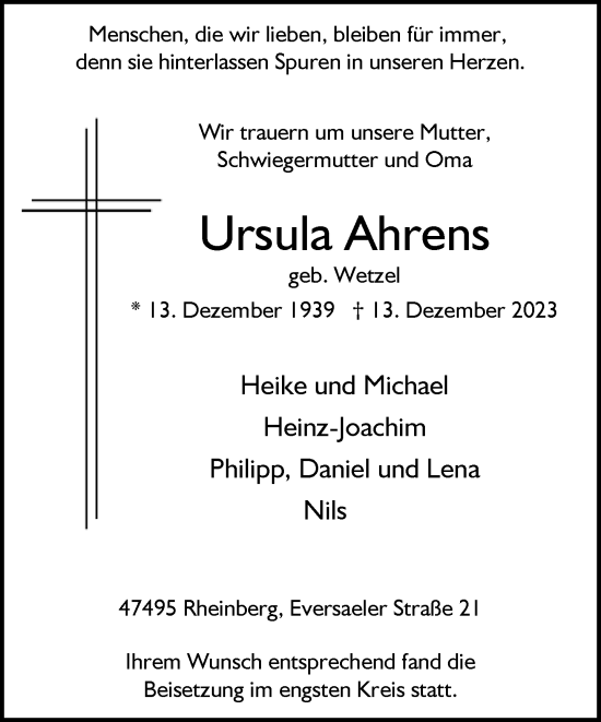 Traueranzeige von Ursula Ahrens von Rheinische Post