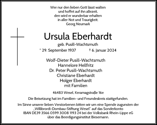 Traueranzeige von Ursula Eberhardt von Rheinische Post