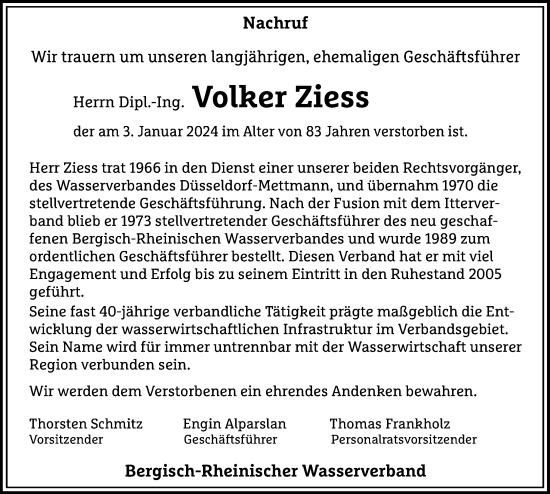 Traueranzeige von Volker Ziess von Rheinische Post