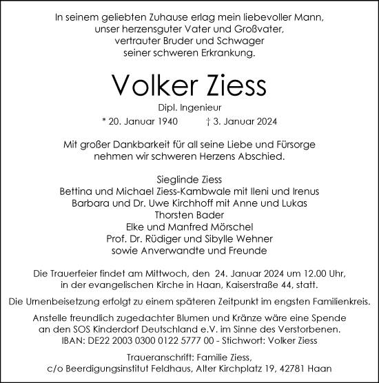 Traueranzeige von Volker Ziess von Rheinische Post