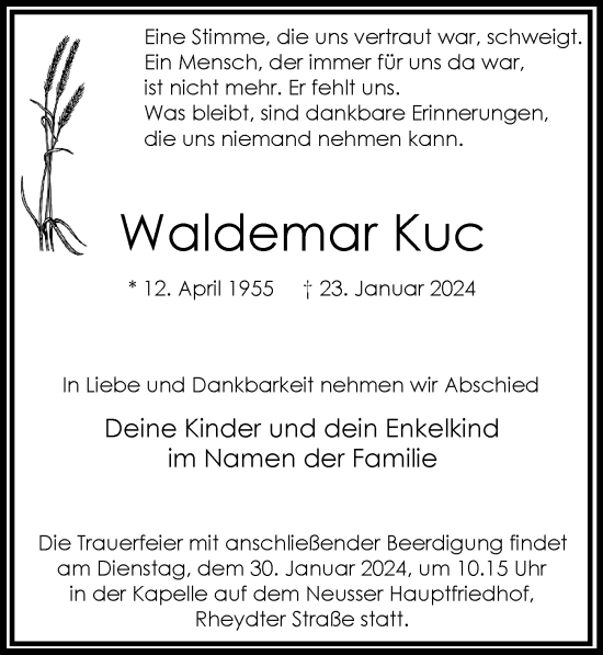 Traueranzeige von Waldemar Kuc von Rheinische Post