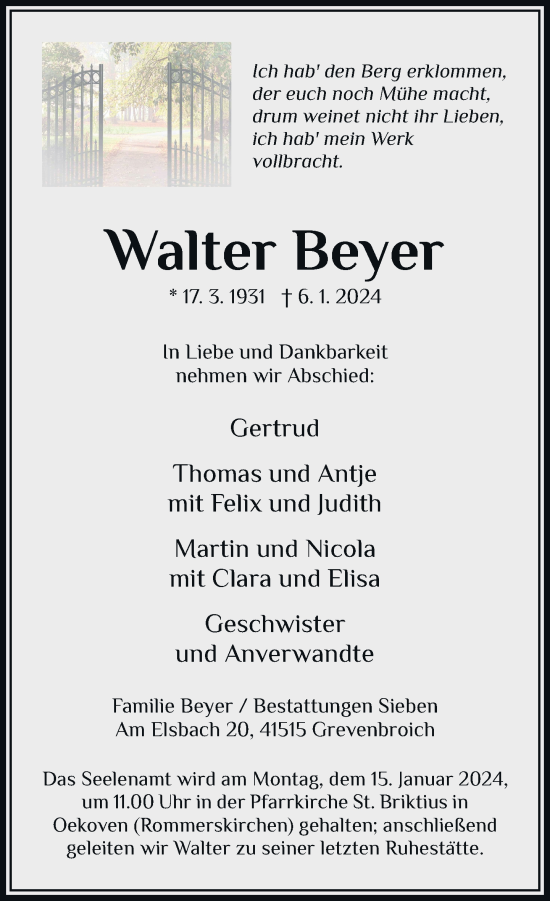 Traueranzeige von Walter Beyer von Rheinische Post