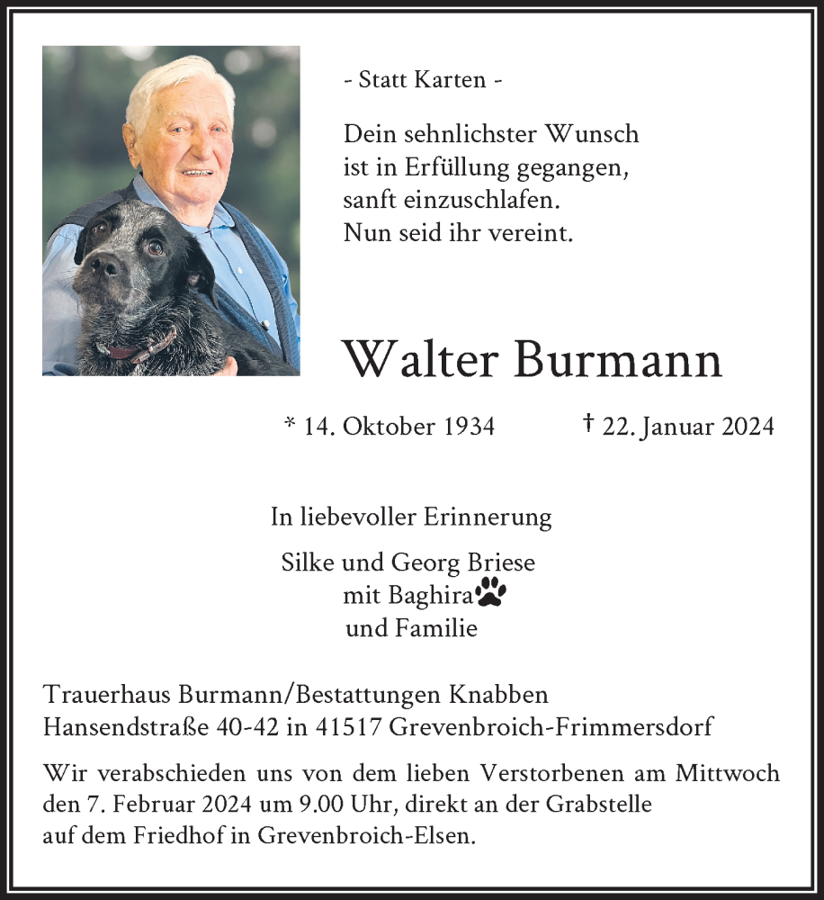  Traueranzeige für Walter Burmann vom 03.02.2024 aus Rheinische Post