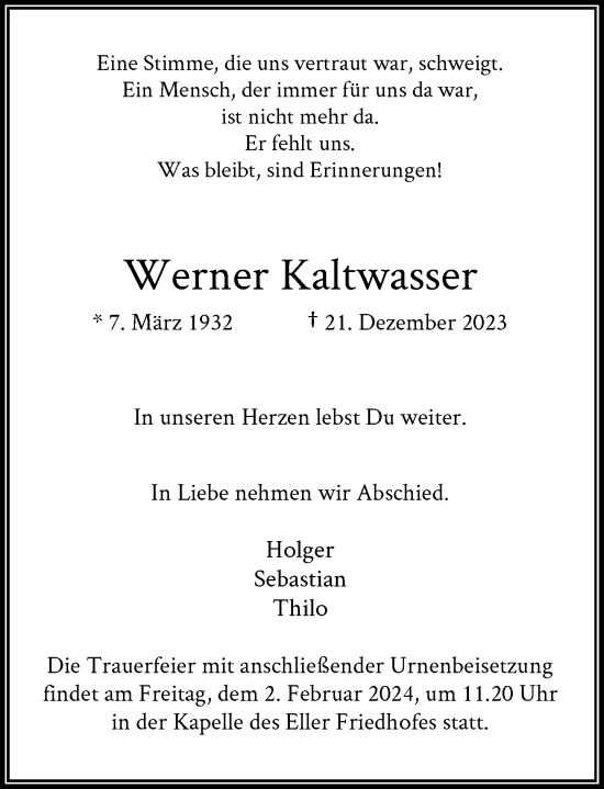 Traueranzeige von Werner Kaltwasser von Rheinische Post
