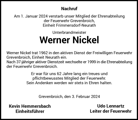 Traueranzeige von Werner Nickel von Rheinische Post