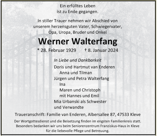 Traueranzeige von Werner Walterfang von Rheinische Post