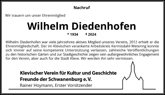 Traueranzeige von Wilhelm Diedenhofen von Rheinische Post
