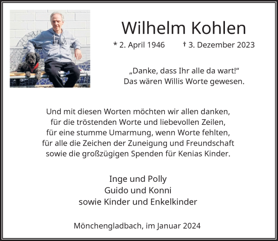 Traueranzeige von Wilhelm Kohlen von Rheinische Post