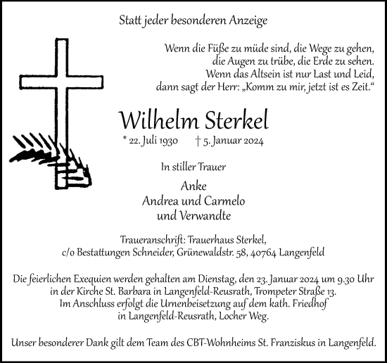 Traueranzeige von Wilhelm Sterkel von Rheinische Post