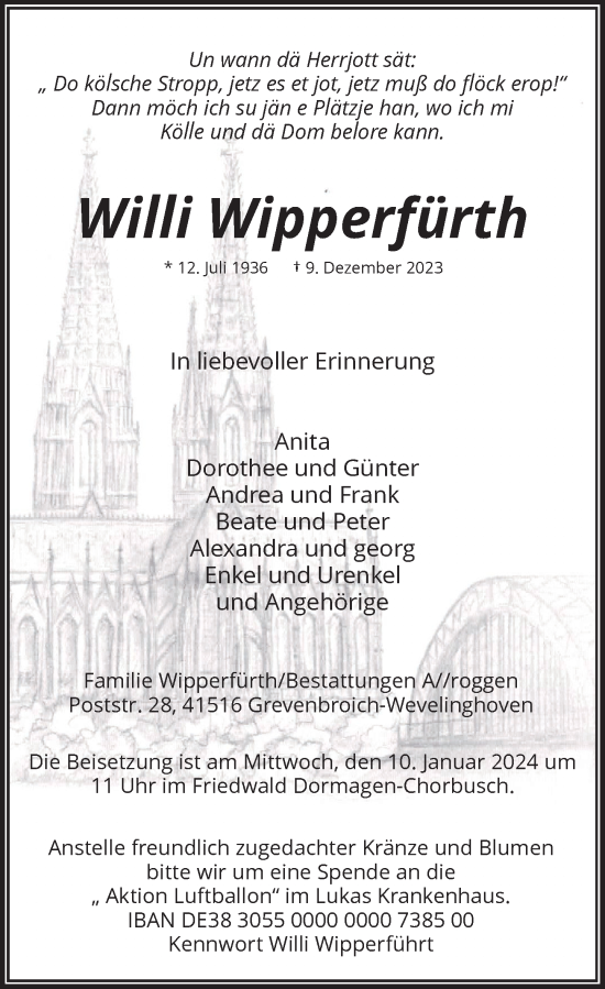 Traueranzeige von Willi Wipperfürth von Rheinische Post